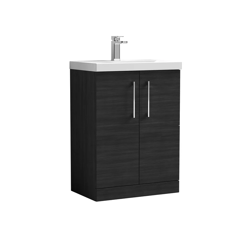 nuie ARN603D Arno Modern Bathroom Floor Standing 2 Door Vanity Unit with Thin-Edge Ceramic Basin, Woodgrain Charcoal Black