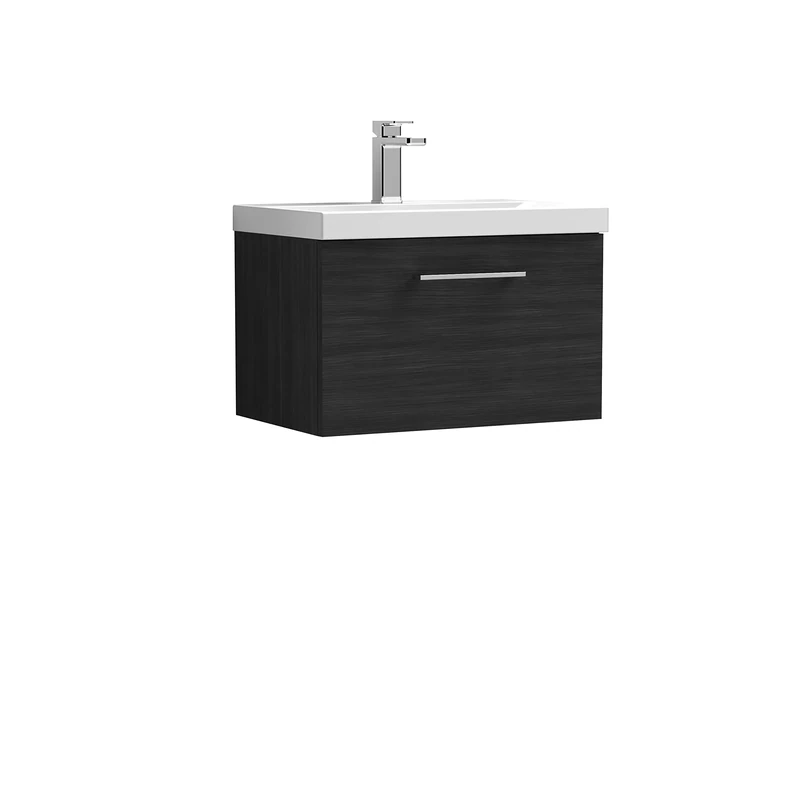 nuie ARN622A Arno Modern Bathroom Wall Hung 1 Drawer Vanity Unit with Mid-Edge Ceramic Basin, Woodgrain Charcoal Black