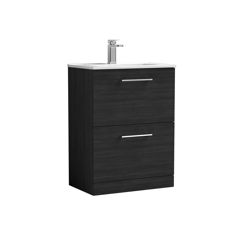 nuie Modern Bathroom Floor Standing 2 Drawer Vanity Unit with Minimalist Ceramic Basin, Woodgrain Charcoal Black, 600mm