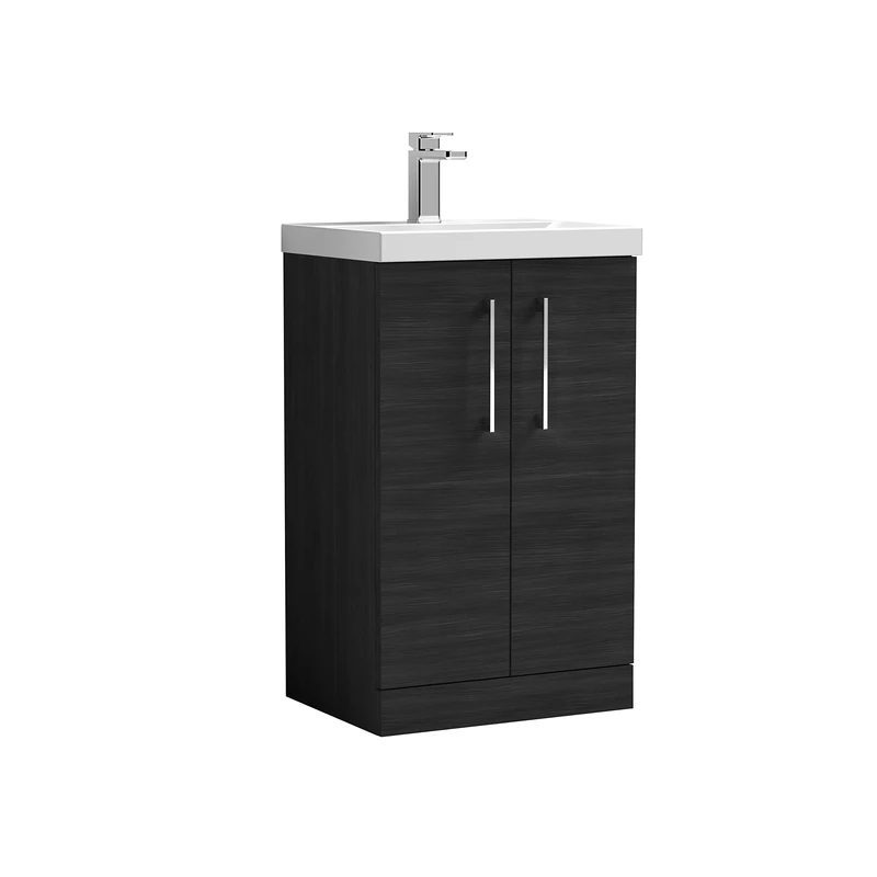 nuie Modern Bathroom Floor Standing 2 Door Vanity Unit with Mid-Edge Ceramic Basin, Woodgrain Charcoal Black, 600mm