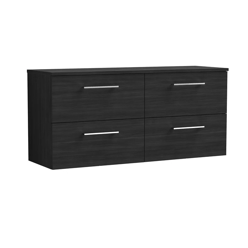 nuie ARN624W2 Arno Modern Bathroom Wall Hung 4 Drawer Double Vanity Unit with Colour Worktop, Woodgrain Charcoal Black
