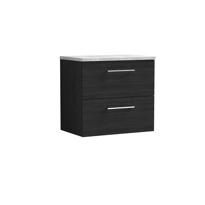 nuie ARN624LBG Arno Modern Bathroom Wall Hung 2 Drawer Vanity Unit with Laminate Worktop, 600mm, Woodgrain Charcoal Black/Bellato Grey