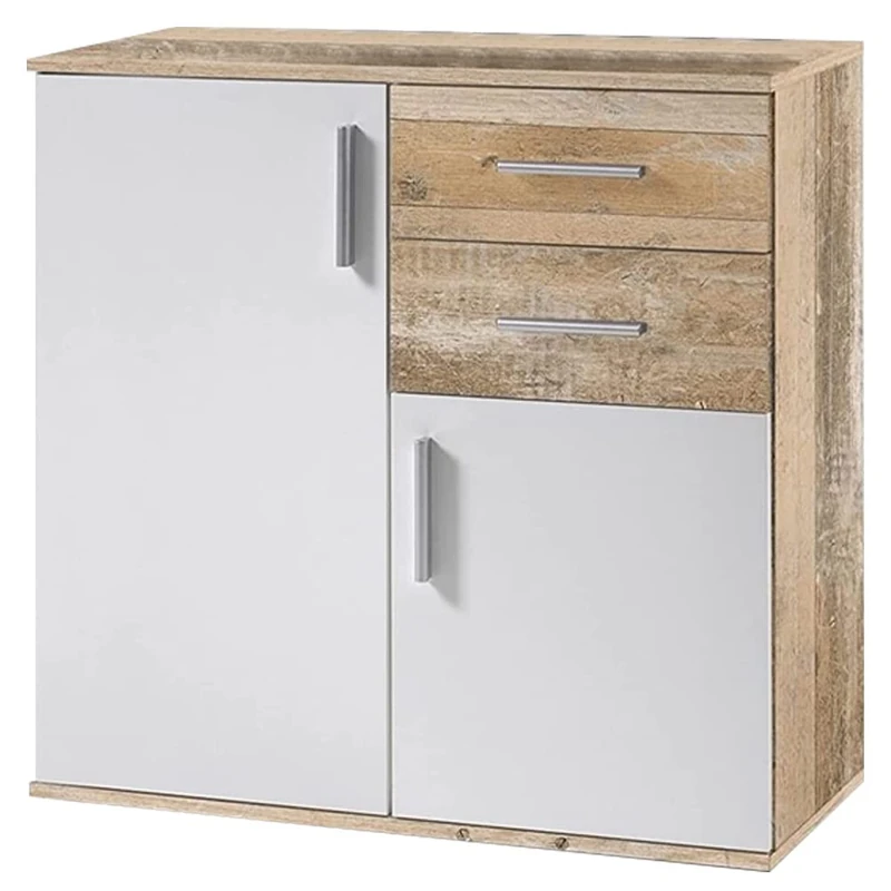 BAKAJI Base Cabinet with Drawers and Double Doors, Engineered, White and Oak in Wood Effect, 82 x 35 x 80 cm