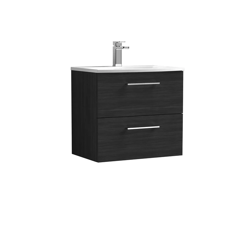 nuie ARN624G Arno Modern Bathroom Wall Hung 2 Drawer Vanity Unit with Curved Ceramic Basin, Woodgrain Charcoal Black