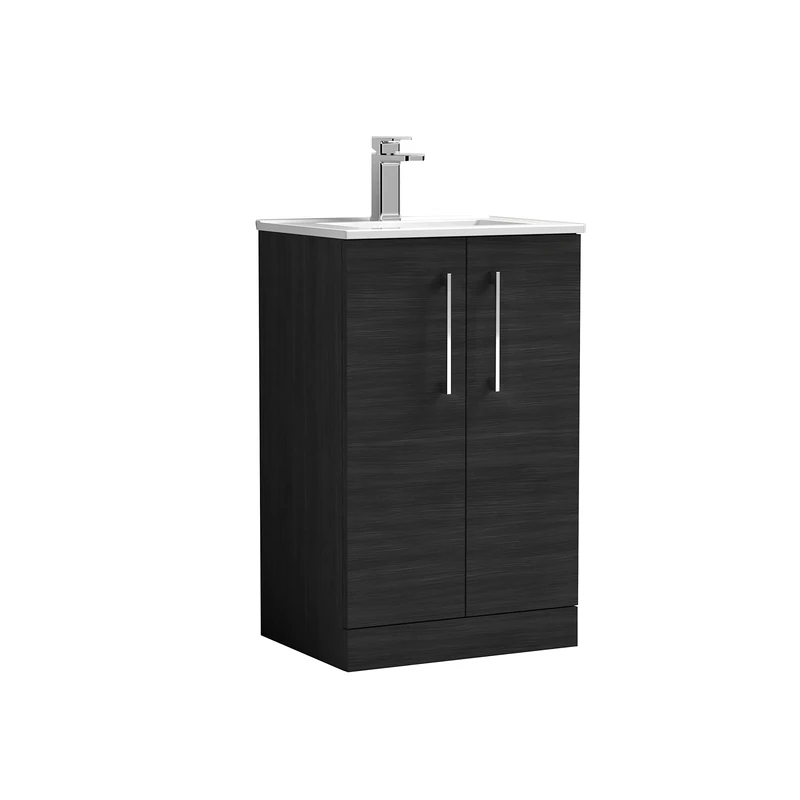 nuie ARN601B Arno Modern Bathroom Floor Standing 2 Door Vanity Unit with Minimalist Ceramic Basin, Woodgrain Charcoal Black