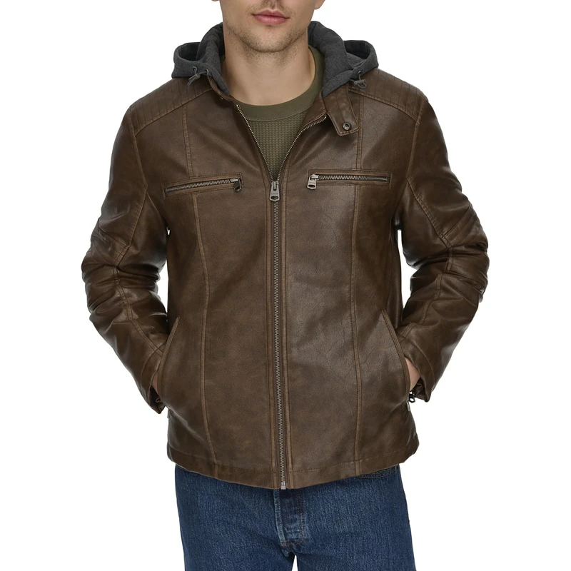 Levi's Men's Faux Leather Hooded Racer Jacket, Saddle, L