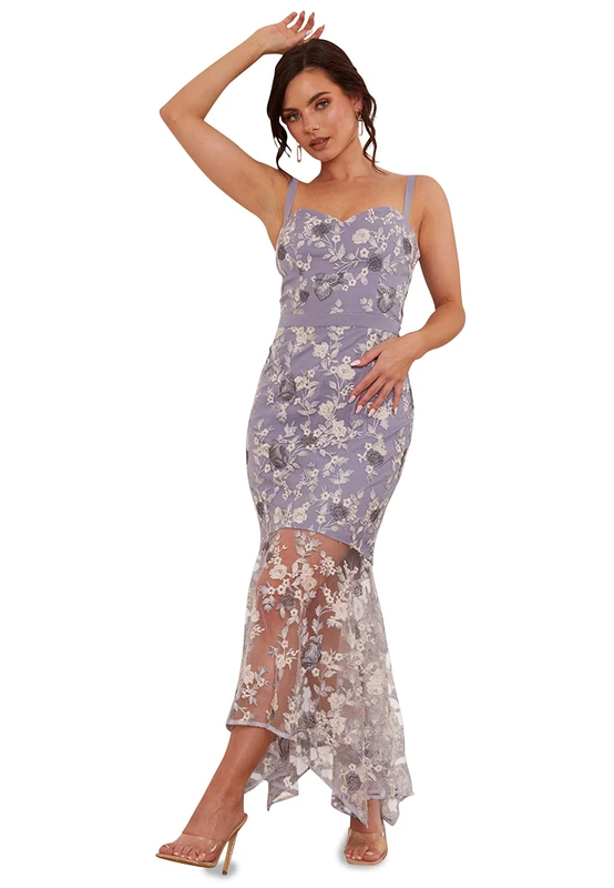 Chi Chi London Women's Petite Peplum Embroidered Bodycon Dress in Blue Cocktail, 6