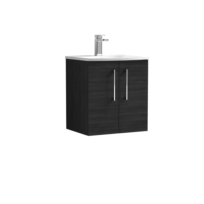 nuie ARN621G Arno Modern Bathroom Wall Hung 2 Door Vanity Unit with Curved Ceramic Basin, Woodgrain Charcoal Black