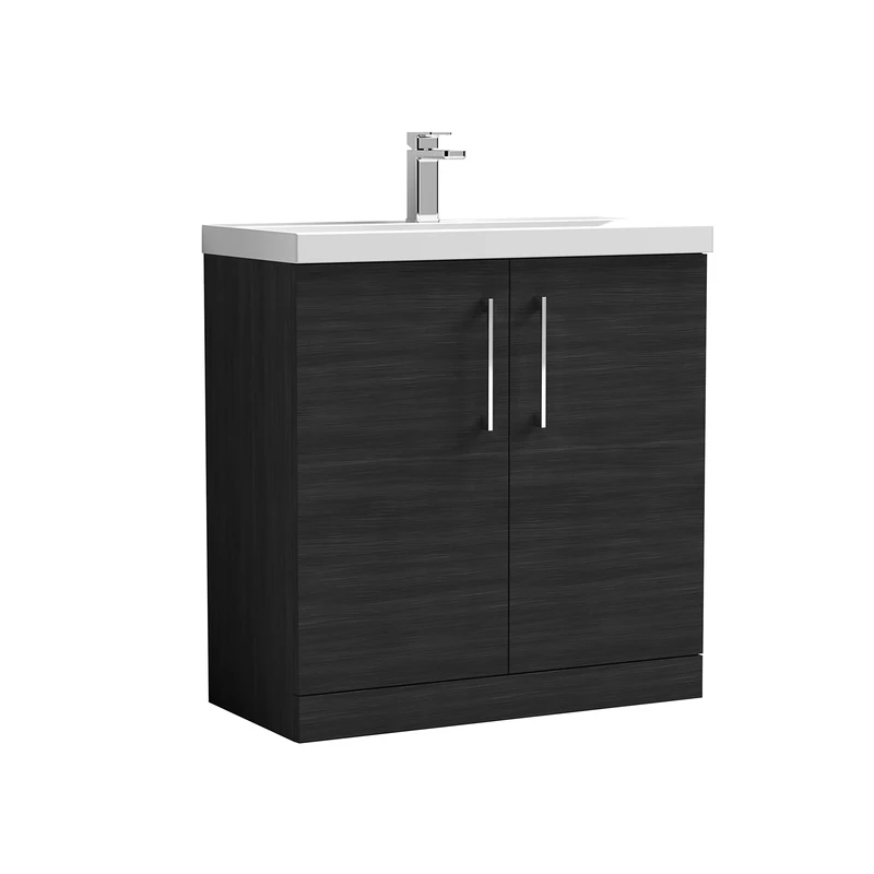 nuie ARN605D Arno Modern Bathroom Floor Standing 2 Door Vanity Unit with Thin-Edge Ceramic Basin, Woodgrain Charcoal Black