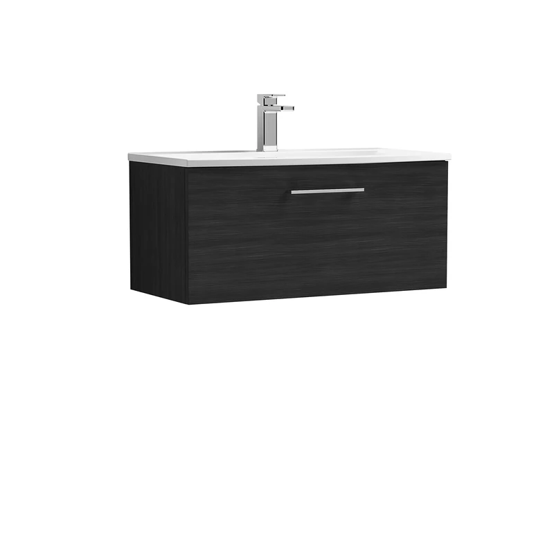 nuie ARN625G Arno Modern Bathroom Wall Hung 1 Drawer Vanity Unit with Curved Ceramic Basin, Woodgrain Charcoal Black