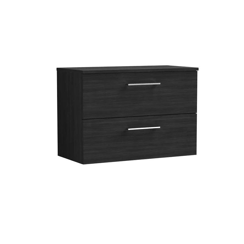 nuie Modern Bathroom Wall Hung 2 Drawer Vanity Unit with Colour Worktop, Woodgrain Charcoal Black, 800mm