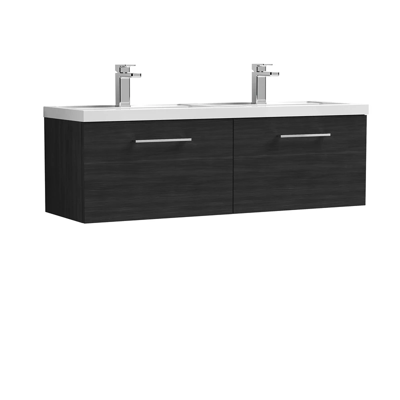 nuie ARN622C Arno Modern Bathroom Wall Hung 2 Drawer Double Vanity Unit with Twin Polymarble Basin, Woodgrain Charcoal Black