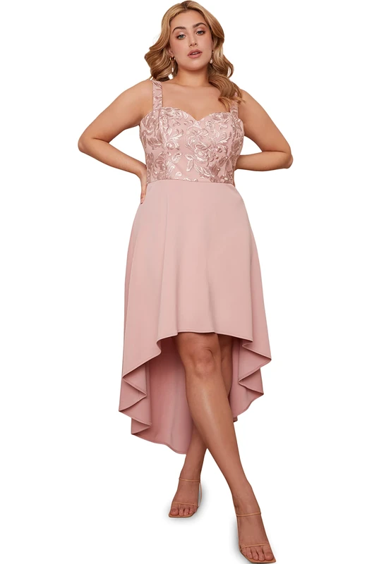 Chi Chi London Women's Plus Size Embroidered Dip Hem Dress in Blush Cocktail, 26