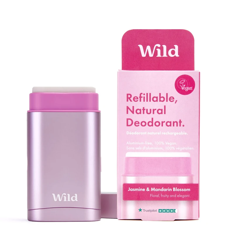 Wild - Natural Refillable Deodorant - Vegan & Eco-Friendly - Aluminium Free - Long Lasting Protection - Natural Ingredients - Starter Kit - Pink Case, Jasmine & Mandarin Blossom Refill - 40g