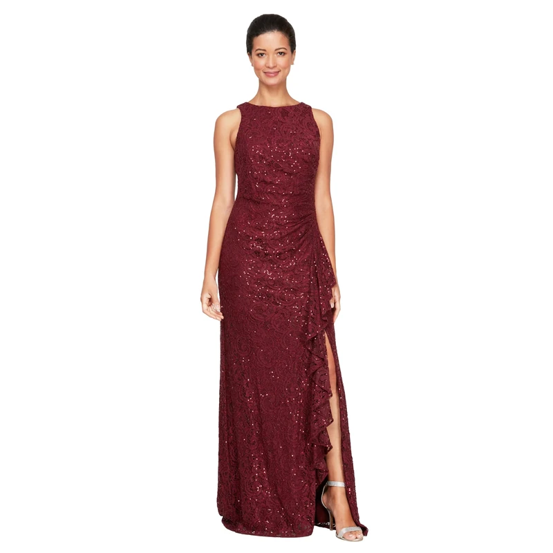 Alex Evenings Women's Long Sleeveless Cascade Ruffle Detail Dress with Front Slit Special Occasion, Wine, 14