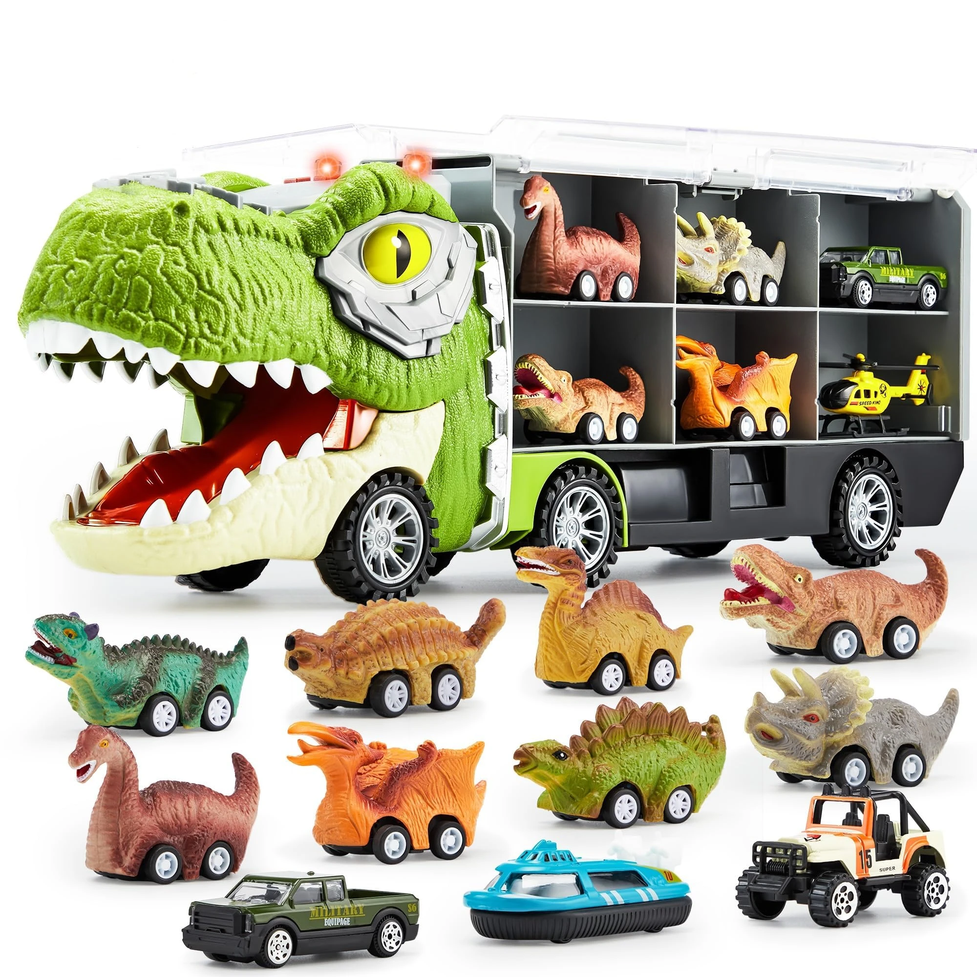 JOYIN Dinosaur Truck Toys for Kids Age 3-8, 12 Pull Back Car Vehicles, Transport Truck With Music, Roaring Sound, Flashing Lights, 1 Helicopter