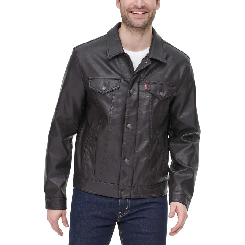 Levi's Men's Faux Leather Classic Trucker Jacket, New Dark Brown, M