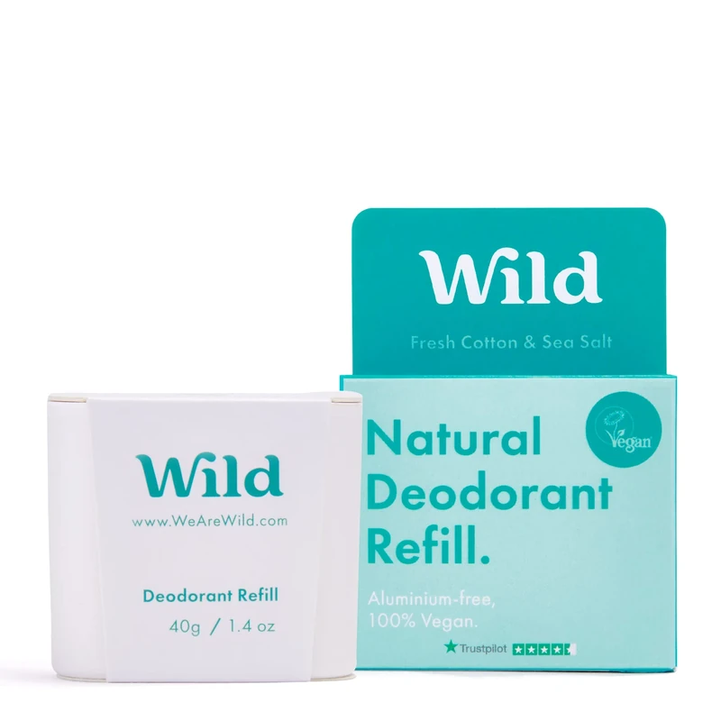 Wild - Natural Refillable Deodorant - Vegan & Eco-Friendly - Aluminium Free - Long Lasting Protection - Natural Ingredients - Fresh Cotton & Sea Salt Refill - 40g