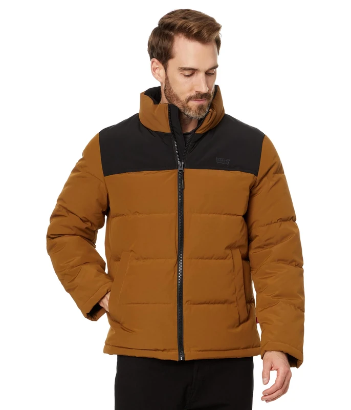 Levi's Men's Arctic Cloth Retro Bubble Puffer Jacket Down Alternative Coat, Brown/Black Tonal Logo, L