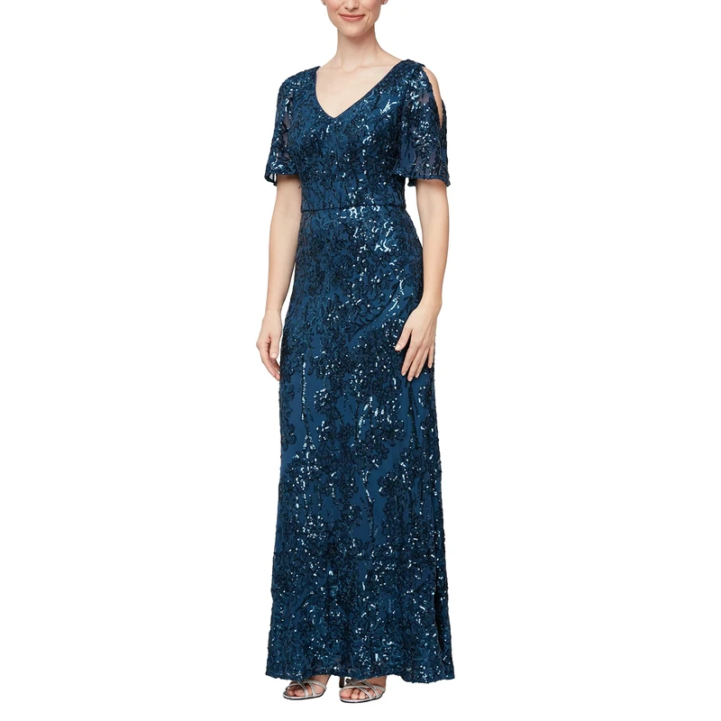 Alex Evenings Women's Sequin Stretch Lace Cold Shoulder Gown Special Occasion Dress, Deep Ocean Blue, 12 Petite