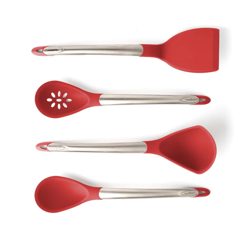 Cuisipro Silicone 4 Piece Utensil Set, Red, Heat and Stain Resistant, Spoon, Ladle, Slotted Spoon and Turner