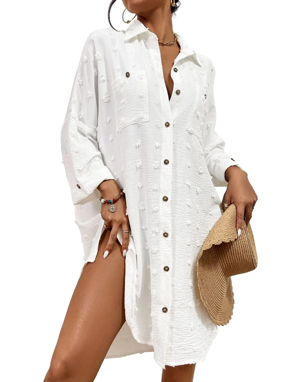Bsubseach Swimsuit Coverup for Women Bathing Suit Blouse Button Down Shirt Dresses Swiss Dot White