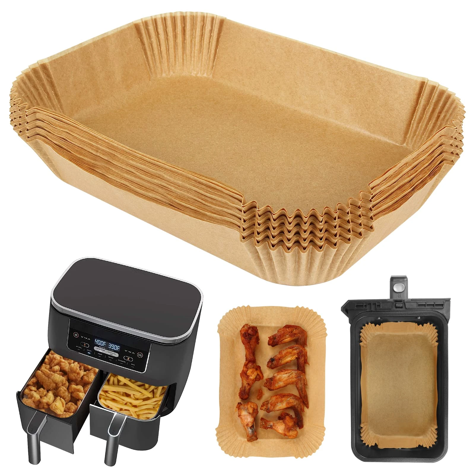 BYKITCHEN Air Fryer Liners Disposable for Ninja Dual/Tower, Airfryer Accessories, Air Fryer Paper Liners, Compatible with Ninja AF300UK AF400UK & 9L 2 Drawers Fryers (50pcs)