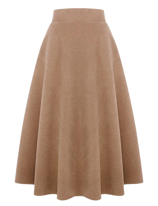 IDEALSANXUN Womens High Elastic Waist Maxi Skirt A-line Plaid Winter Warm Flare Long Skirts, Long Pure Camel, Small