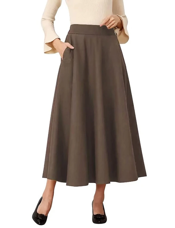 IDEALSANXUN Womens High Elastic Waist Maxi Skirt A-line Plaid Winter Warm Flare Long Skirts, Long Pure Khaki, Medium