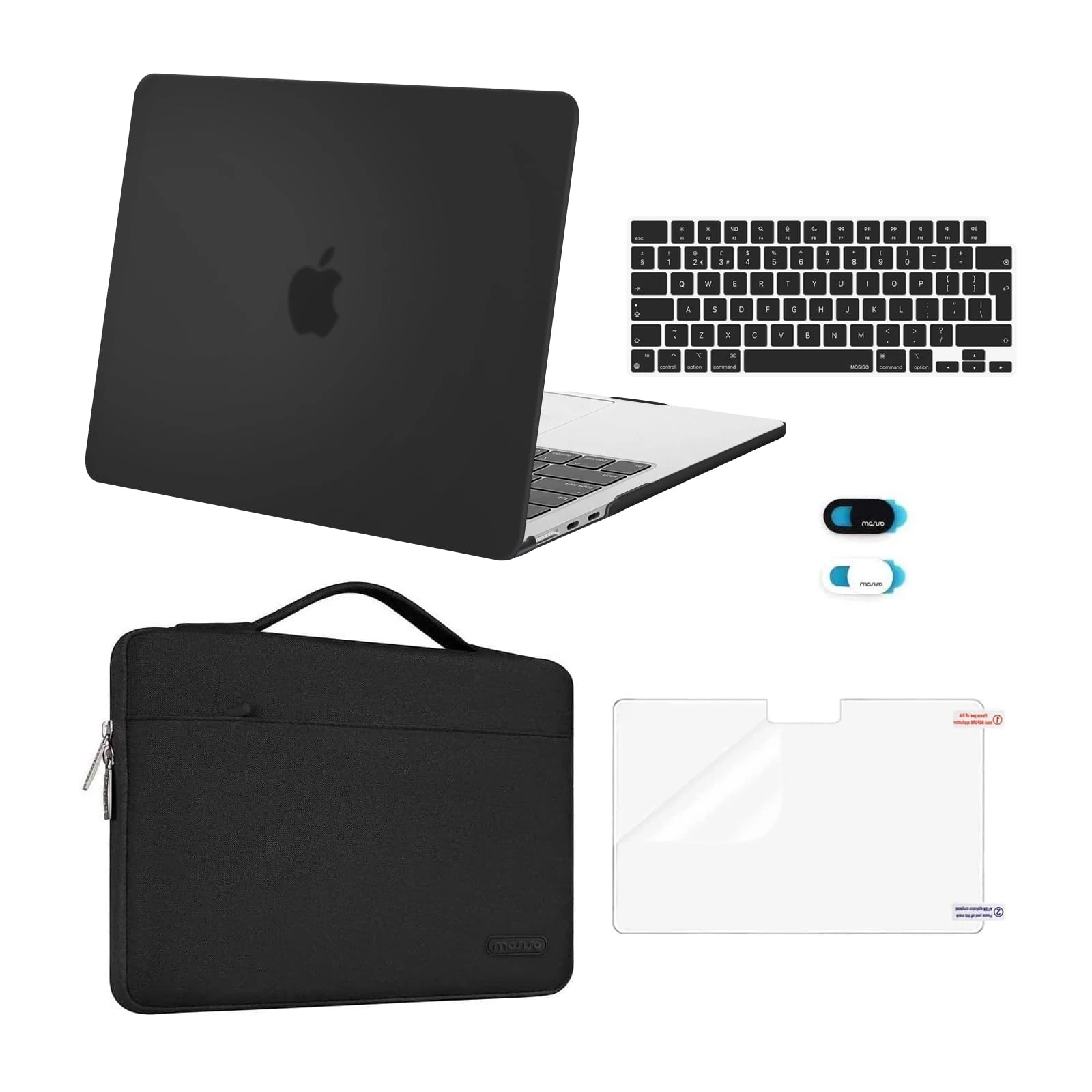 MOSISO Compatible with MacBook Air 13 inch Case M4 M3 M2 2025 2024 2023 2022 A3240 A3113 A2681, Hard Shell&Sleeve Bag&Keyboard Skin&Webcam Cover&ScreenFilm for MacBook Air 13.6 Case, Black