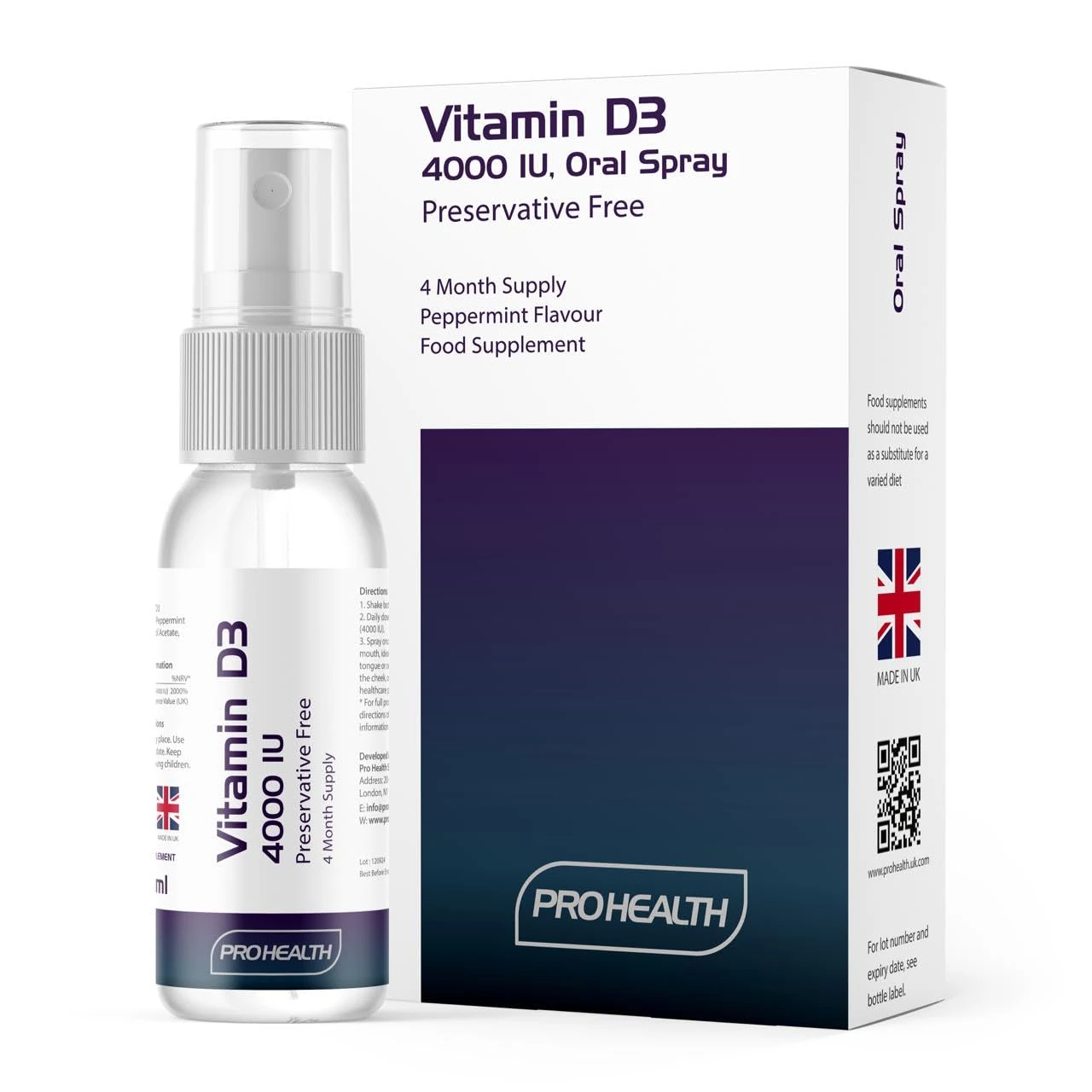 ProHealth Preservative-Free Vitamin D3 Spray - Max Strength 4,000 IU, 4-Month Supply, Sugar-Free, All-Natural, Made in The UK