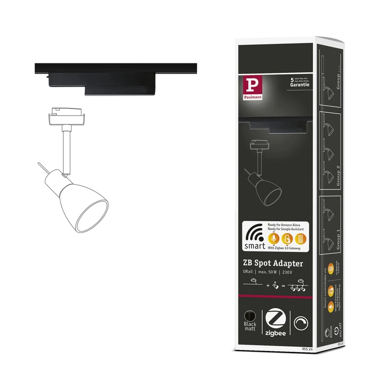 Paulmann 95524 Smart Home Zigbee 3.0 On/Off/Dimm URail Rail Adapter 166x20mm Black matt Rail System
