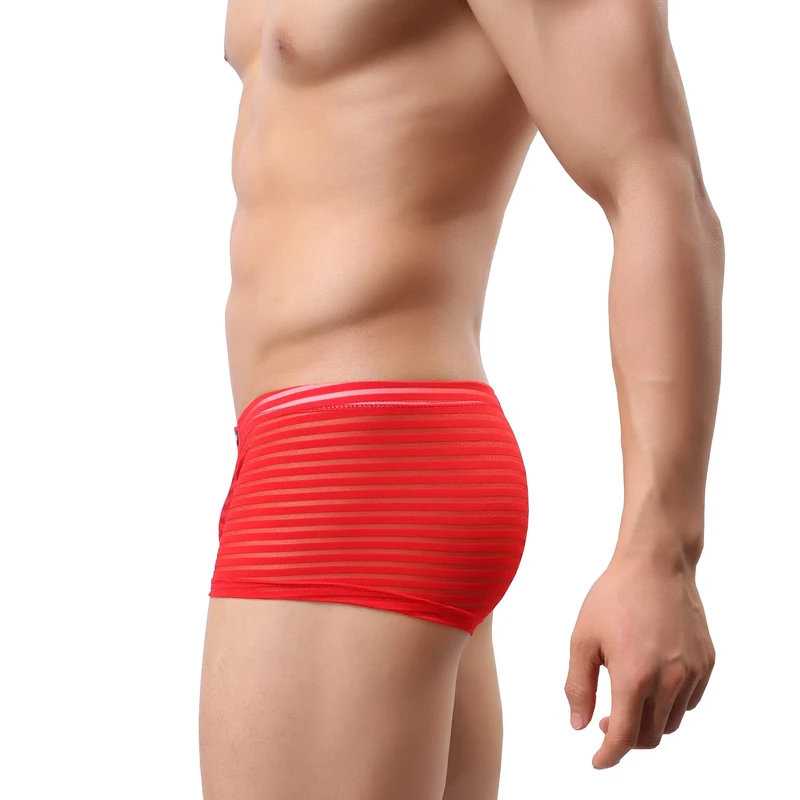 Drelaar Men's Striped Sexy See Through Underwear Smooth Comfy Boxer Shorts Large Red