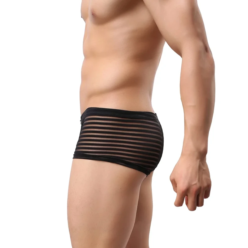Drelaar Men's Striped Sexy See Through Underwear Smooth Comfy Boxer Shorts Large Black