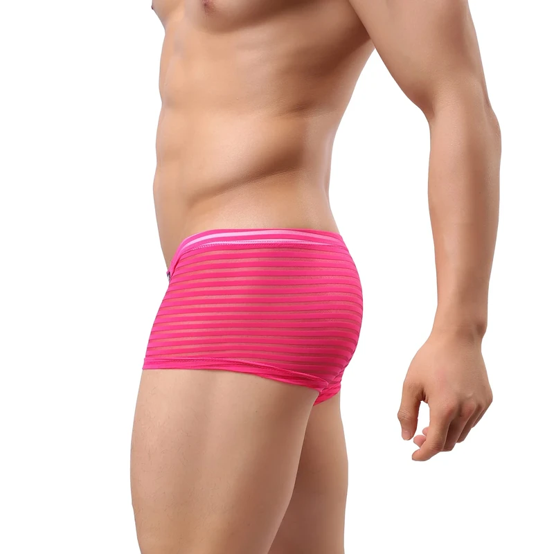 Drelaar Men's Striped Sexy See Through Underwear Smooth Comfy Boxer Shorts Large Rose Red