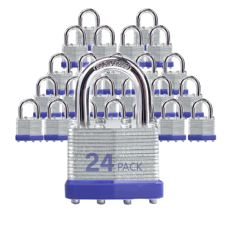 XanHen Keyed Alike Laminated Steel Padlocks, Standard Shackle, for Hasp, Shed, Fence, Storage Locker, School, Gym (24 Pack)