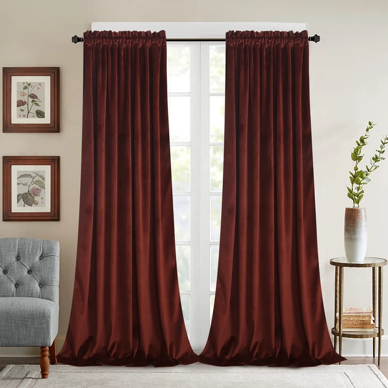 Roslynwood Burnt Ochre Velvet Curtains for Bedroom, Blackout Room Darkening Thermal Insulated Window Curtain Drapes for Living Room/Office/Apartment/Bathroom, W52 x L96, 2 Panels