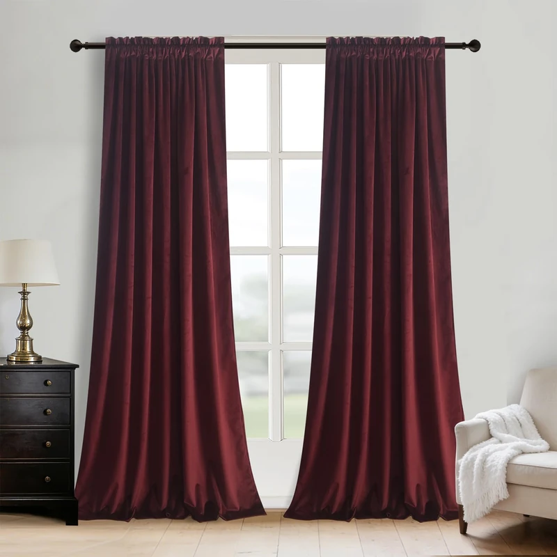 Roslynwood Velvet Ruby Wine Curtain 84 inch Length - Curtains Block Light Rod Pocket Thermal Insulated Window Drapes Set for Living Room/Bedroom/Dining Room, W52 x L84, 2 Panels