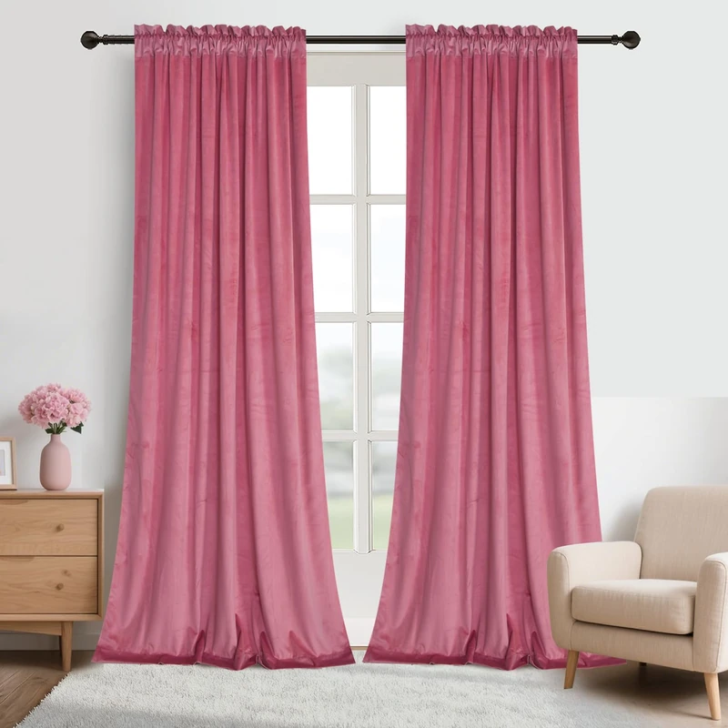 Roslynwood Velvet Candy Pink Curtains 96 inch Length - Room Darkening Window Drapes Thermal Insulation Rod Pocket Noise Reduction Panels for Dining Room/Bedroom, Candy Pink, W52 x L96, 2 Panels