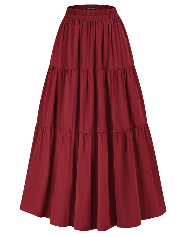 SCARLET DARKNESS Maxi Long Skirts for Women Summer Flowy Renaissance Skirt with Pockets, Wine, M