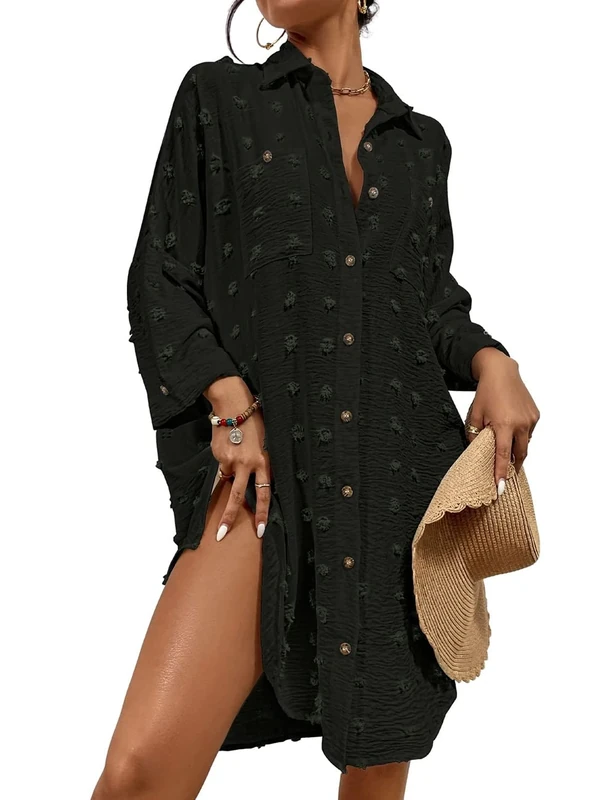 Bsubseach Swimsuit Coverup for Women Bathing Suit Blouse Button Down Shirt Dresses Swiss Dot Black