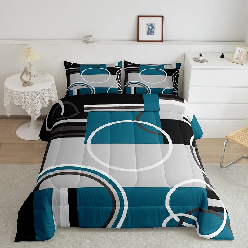 Erosebridal Modern Turquoise Decor Comforter Set Gray Black Blue Stripe Geometric Down Comforter King Size Retro Circle Swirls Bedding Set Modern Abstract Texture Color Art Duvet Set