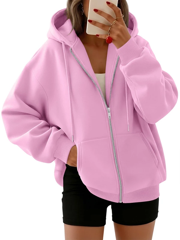 Trendy Queen Womens Zip Up Hoodies Oversized Sweatshirts Fall Fashion Outfits Casual Jackets 2025 Winter Clothes, Pink, Medium