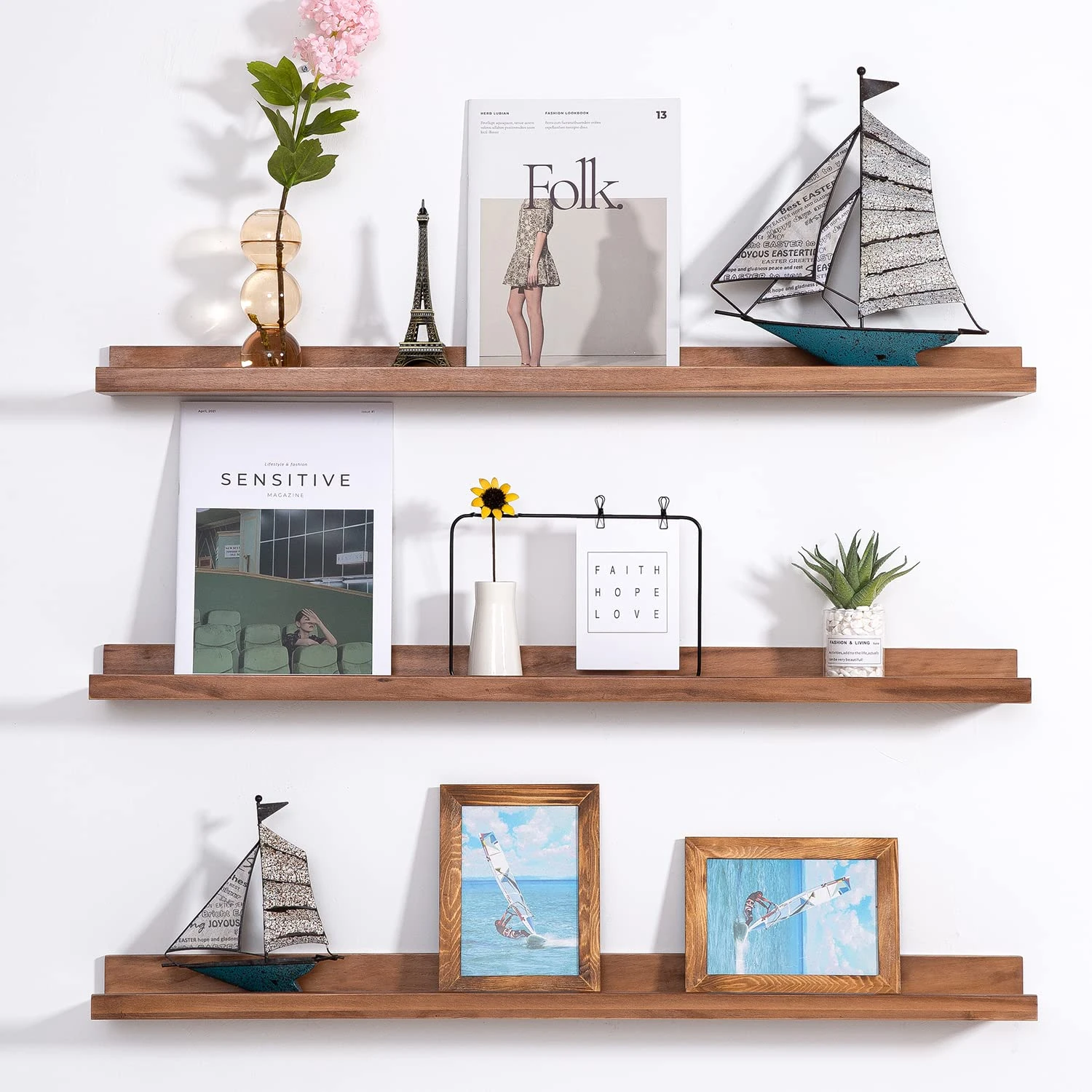 MBYD 48 Inch Wood Photo Picture Ledge Shelf, Light Walnut Wall Floating Nursery Book Shelves, Wall Mount Hanging Display Shelves for Bedroom Office Bathroom Living Room Décor, 3 Same Sizes