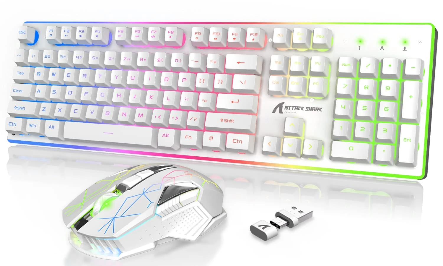 ATTACK SHARK T3 RGB Wireless Gaming Keyboard and Mouse Combo, Chroma Rechargeable Mech Feel keyboard + LED Backlit 8D 4800DPI Mice, USB-A or Type-C port connection, 4200mAh Battery, ABS Keycaps,White