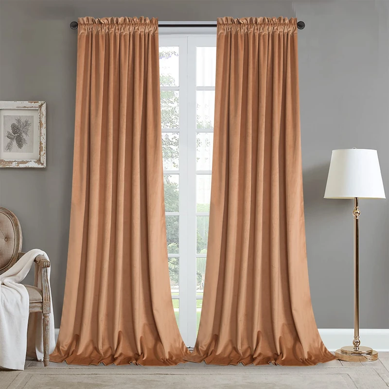 Roslynwood Velvet Peach Curtain 96 inch Length - Curtains Block Light Rod Pocket Thermal Insulated Window Drapes Set for Living Room/Bedroom/Dining Room, W52 x L96, 2 Panels