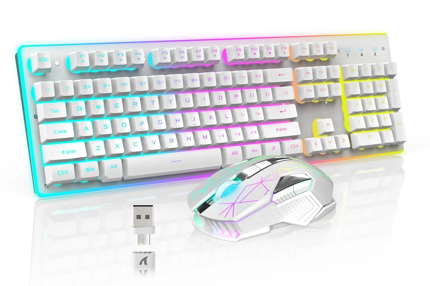 Wireless Mechanical Feel 4200mAh Rechargeable Gaming Keyboard Mouse Combo Full Size USB+Type-C Dual Interface Receiver RGB illuminated Mice Apex Pro Kontrol Freek for PC Computer Gamer PS4 XBOX,White