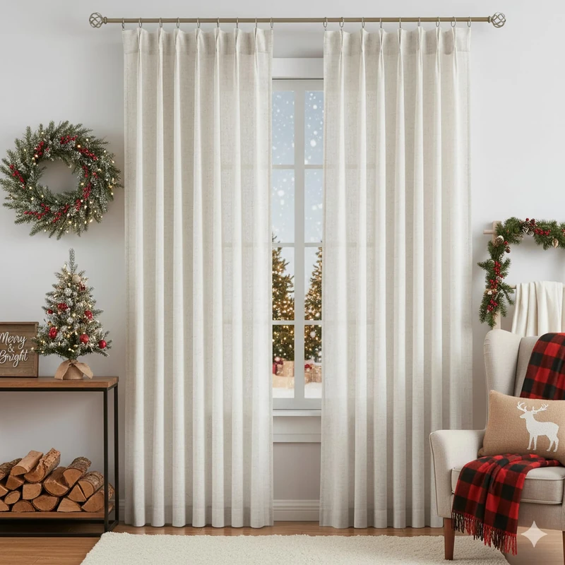 Vision Home Natural Pinch Pleated Semi Sheer Curtains Textured Linen Blended Light Filtering Window Curtains 108 inch for Living Room Bedroom Pinch Pleat Drapes with Hooks 2 Panels 9ft 42" Wx108 L
