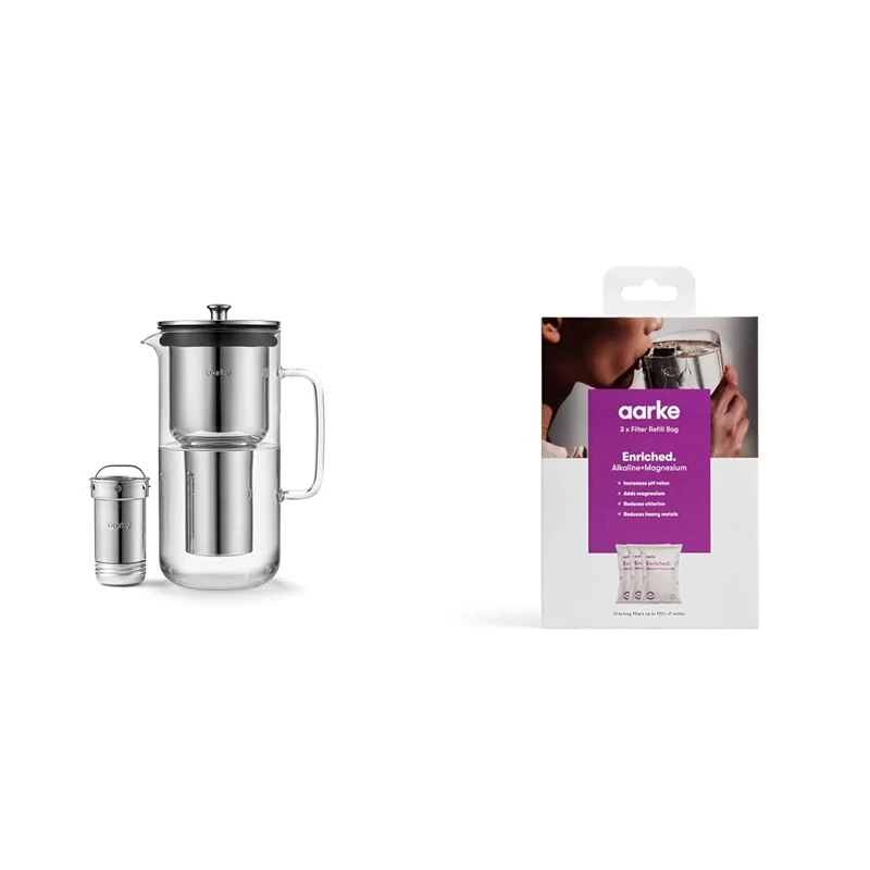 Aarke Purifier, Water Filter Jug in Glass and Stainless Steel, 2.4L / 10 Cups & 3-Pack Enriched Filter Refill Bags – Increases The pH Value, Adds Magnesium