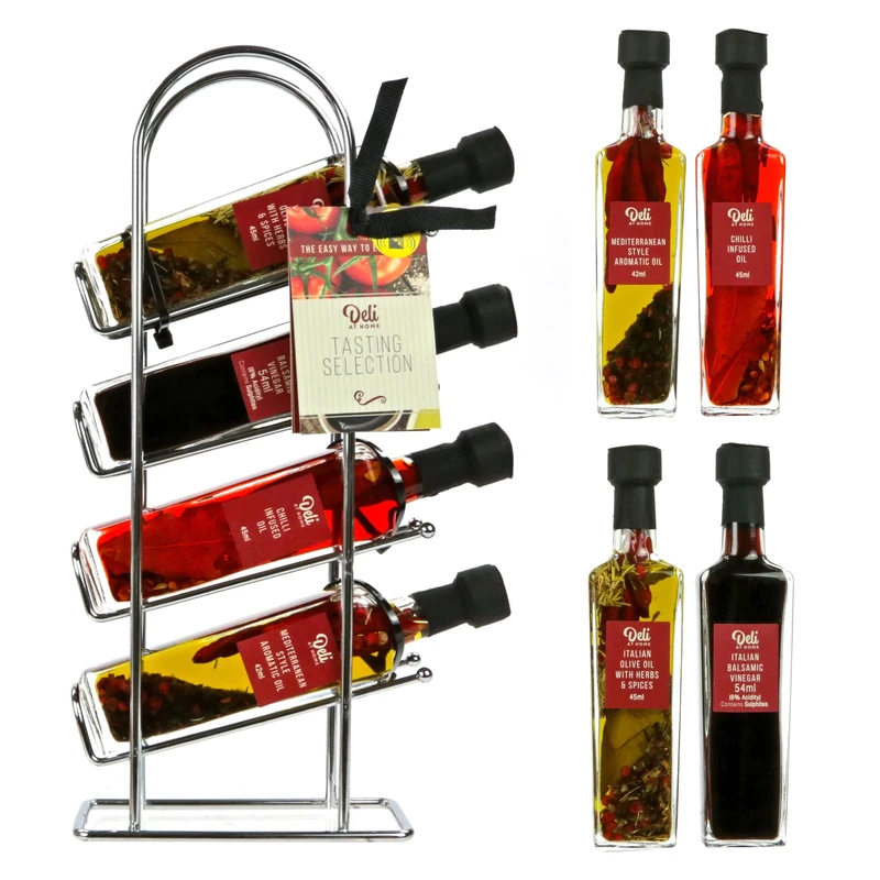Kimm & Miller Luxury Olive Oil Food Gifts - Olive Oil Set with 4 Infused Oils & Balsamic Vinegar in Metal Rack - Italian Cooking & Chef Gifts for Women & Men